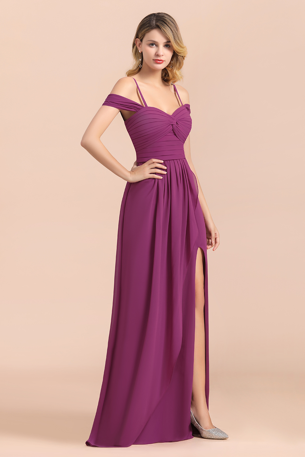 BMbridal Gorgeous Off-the-Shoulder Ruffle Orchid Bridesmaid Dress Online with Slit-BMbridal