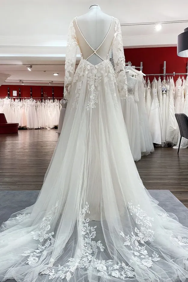 Classy Ivory Long Sleeves A-Line Lace Open Back Wedding Dresses with Tulle Appliques