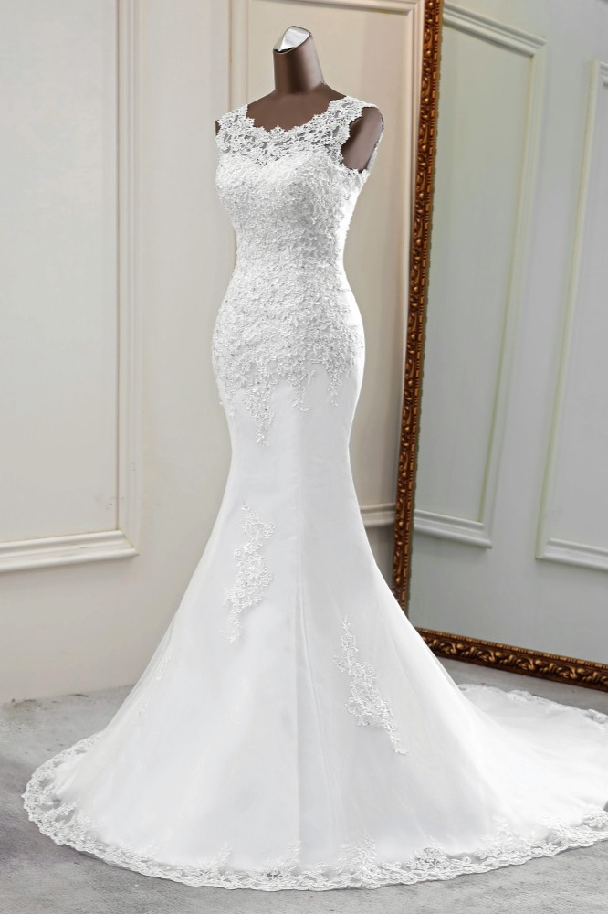 BMbridal Glamorous Jewel Lace Beading Wedding Dresses Sleeveless Appliques Mermaid Bridal Gowns