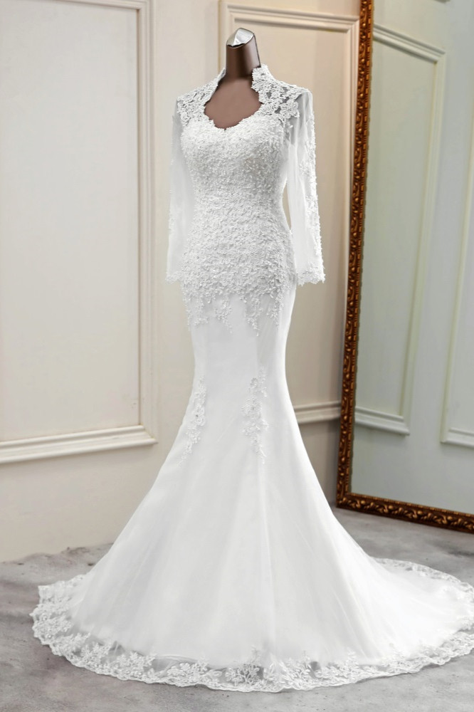 BMbridal Elegant Long Sleeves Lace Mermaid Wedding Dresses Appliques White Bridal Gowns with Beadings-BMbridal