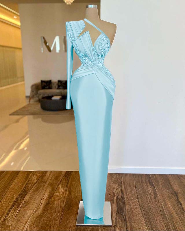 Long Sleeve One Shoulder Long Prom Dress With Pleated Appliques