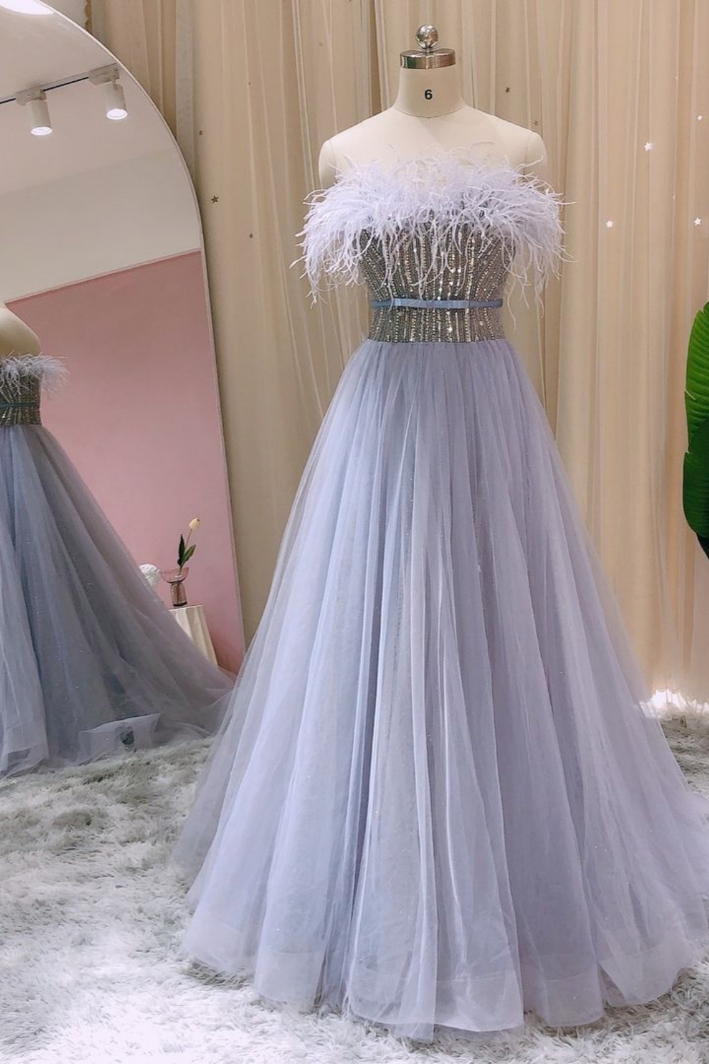Bmbridal Lavender A-Line Strapless Sleeveless Tulle Prom Dresses with Appliques