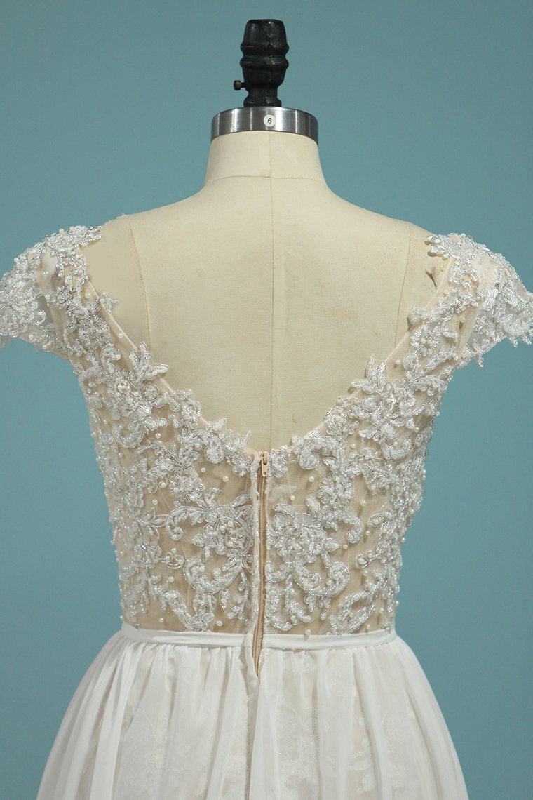 BMbridal Simple Chiffon Ruffles Lace Wedding Dress Appliques Cap Sleeves V-neck Beadings Bridal Gowns On Sale-BMbridal