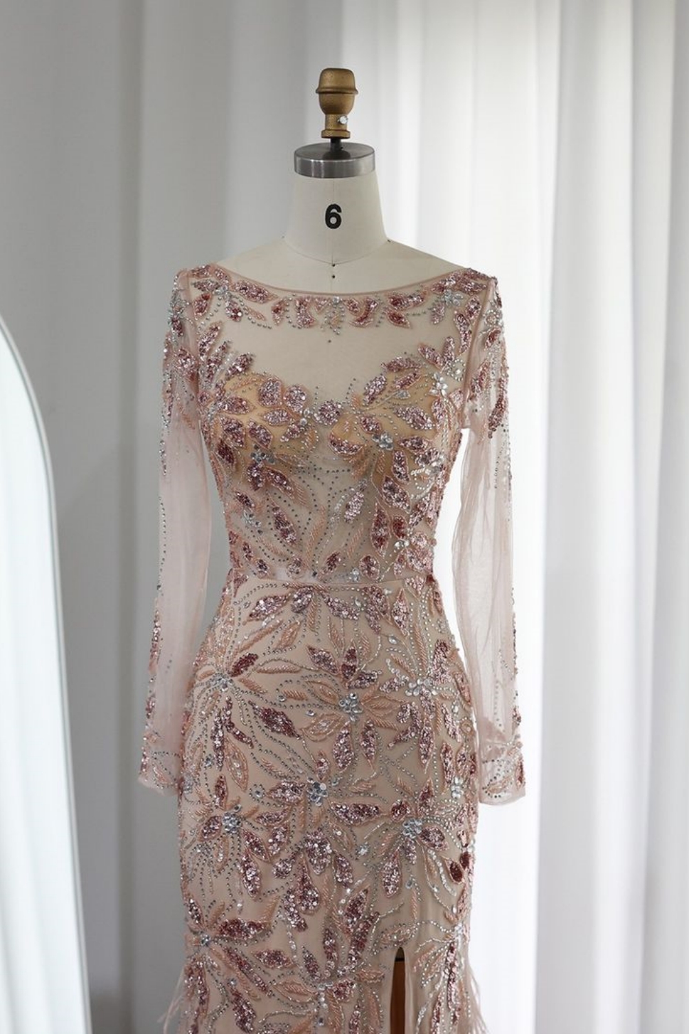 Bmbridal Dusty Rose A-Line Long Sleeves Bateau Tulle Prom Dresses with Appliques
