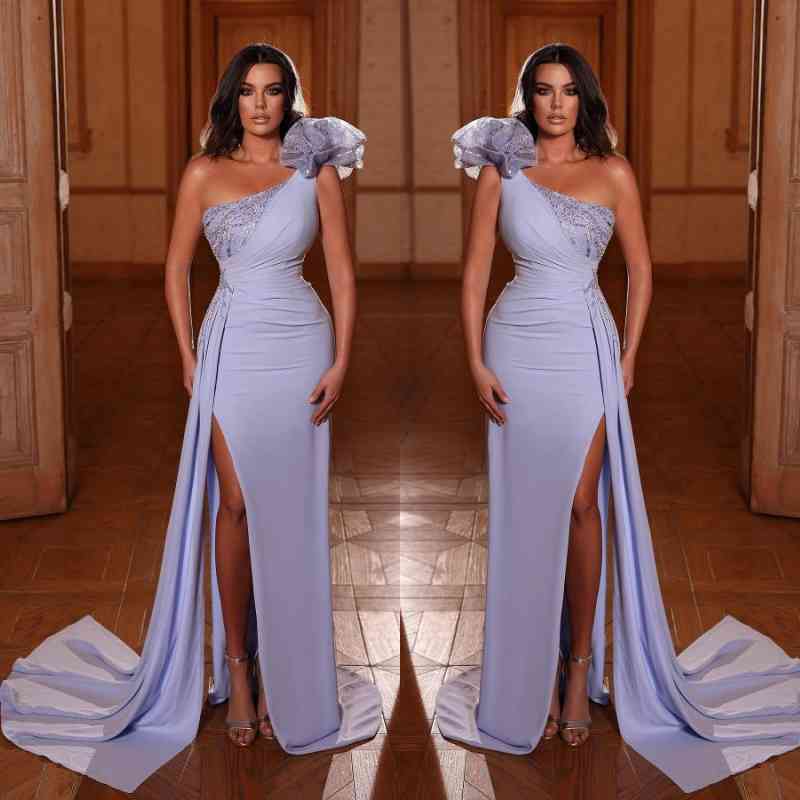 Charming Beadings Side Slit Evening Dress One Shoulder Satin Prom Dress with Cape-BMbridal