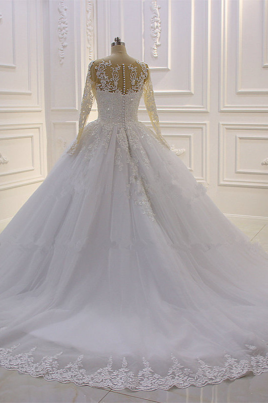 BMbridal Ball Gown Tulle Appliqus Wedding Dress Long Sleeves Jewel Beading Ruffles Bridal Gowns On Sale-BMbridal