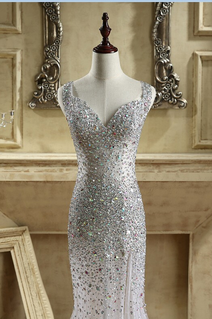 BMbridal Glamorous Straps V-Neck Tulle Beadings Prom Dresses Sleeveless Mermaid Crystals Formal Dresses Online-BMbridal