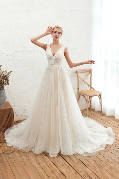 BMbridal Affordable Tulle V-Neck Ruffle Long Wedding Dress with Appliques