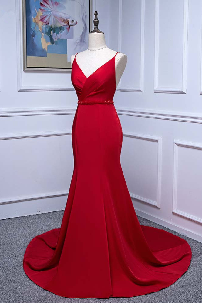 BMbridal Elegant V-Neck Burgundy Prom Dresses Spaghetti Straps with Beadings Sash