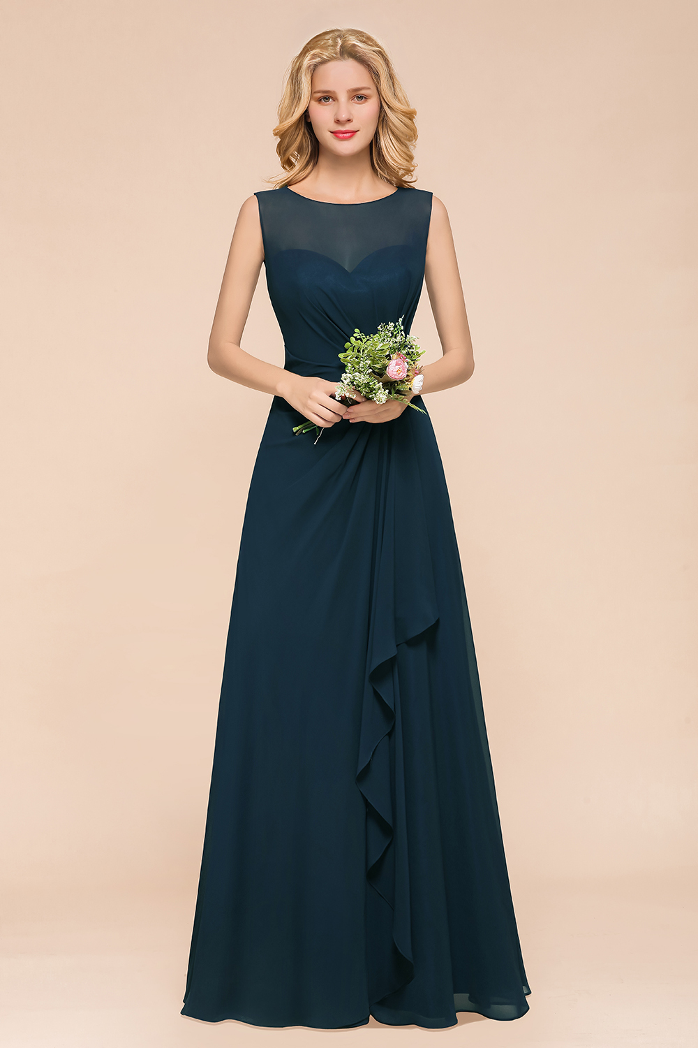 BMbridal Beautiful Chiffon Jewel Ruffle Navy Affordable Bridesmaid Dresses Online-BMbridal