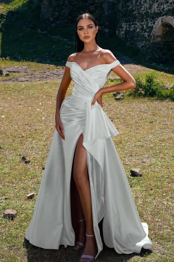 Chic Sleeveless Off the Shoulder Mermaid Pleated Prom Dress Red With Split