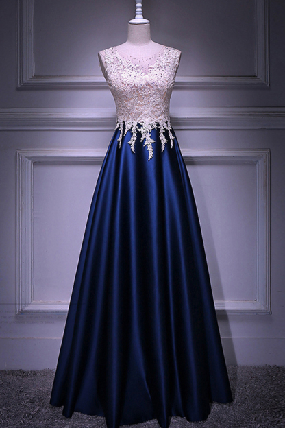BMbridal Elegant Jewel Dark Navy Beadings A-Line Prom Dresses Sleeveless Appliques Ruffle Party Dresses On Sale-BMbridal