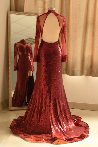 BMbridal Sexy High-Neck Burgundy Sequined Slit Prom Dresses Long Sleeves Appliques Backless Formal Dress with Sheer Top-BMbridal