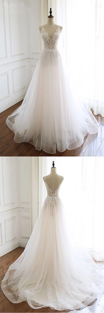 BMbridal Gorgeous White Tulle Lace Long Wedding Dress Sleeveless Custom Size Bridal Gowns On Sale
