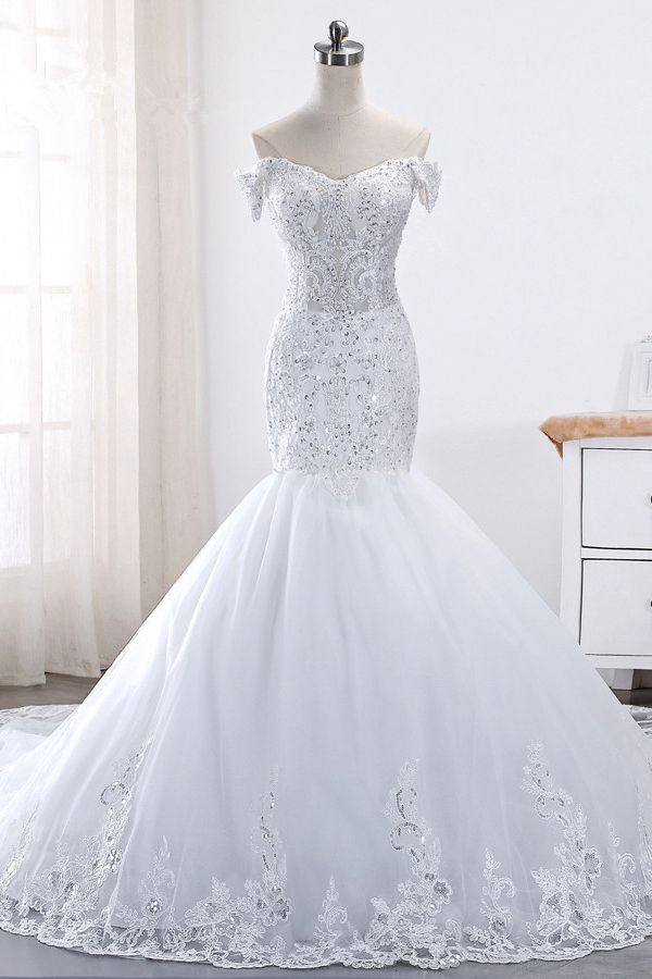 BMbridal Glamorous Off-the-Shoulder Short Sleeves Wedding Dress Sweetheart Mermaid Tulle Appliques Beadings Bridal Gowns On Sale-BMbridal