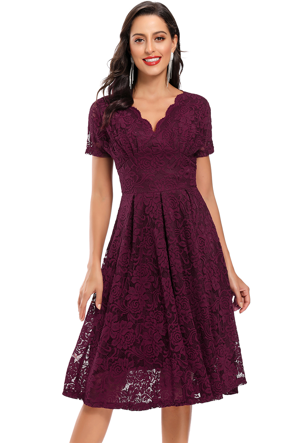 BMbridal Lace Short Sleeve V-Neck Mini Party Dress