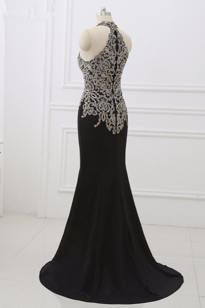 BMbridal Chic High-Neck Sleeveless Black Mermaid Prom Dresses with Appliques Beadings