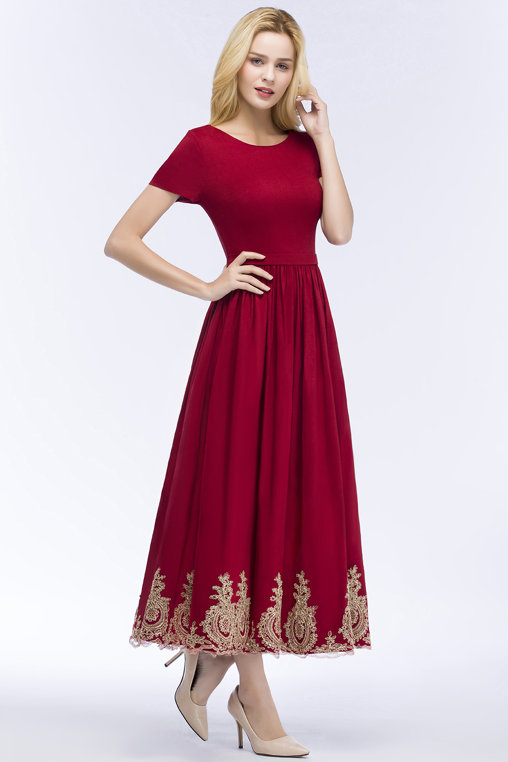 BMbridal A-line Short Sleeves Ankle Length Appliques Prom Dress with Sash Online