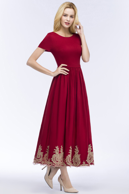 BMbridal A-line Short Sleeves Ankle Length Appliques Prom Dress with Sash Online