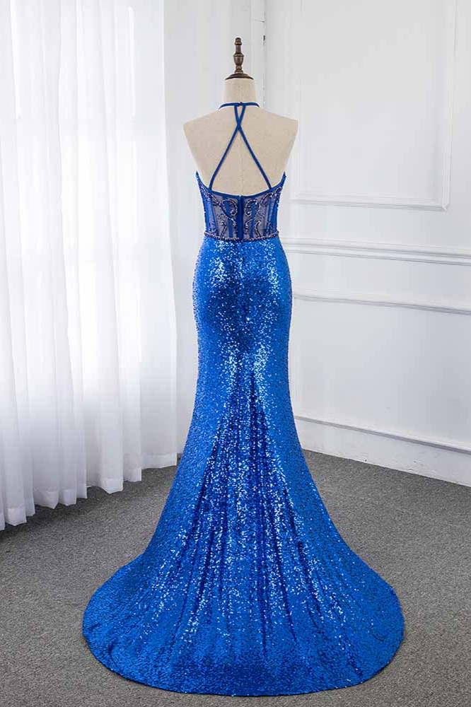 BMbridal Sparkly Sequined Halter Sleeveless Royal Blue Prom Dresses with Beadings