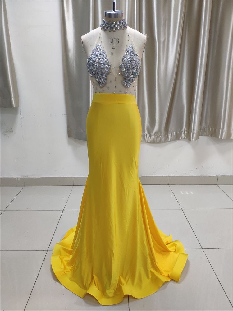 BMbridal Sexy Yellow High Neck Ruffle Prom Dress Affordable with Backless Online