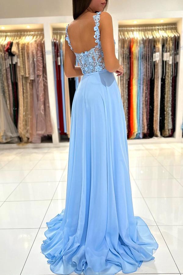 Bmbridal Sky Blue Sleeveless Long Prom Dress Slit Sleeveless With Appliques