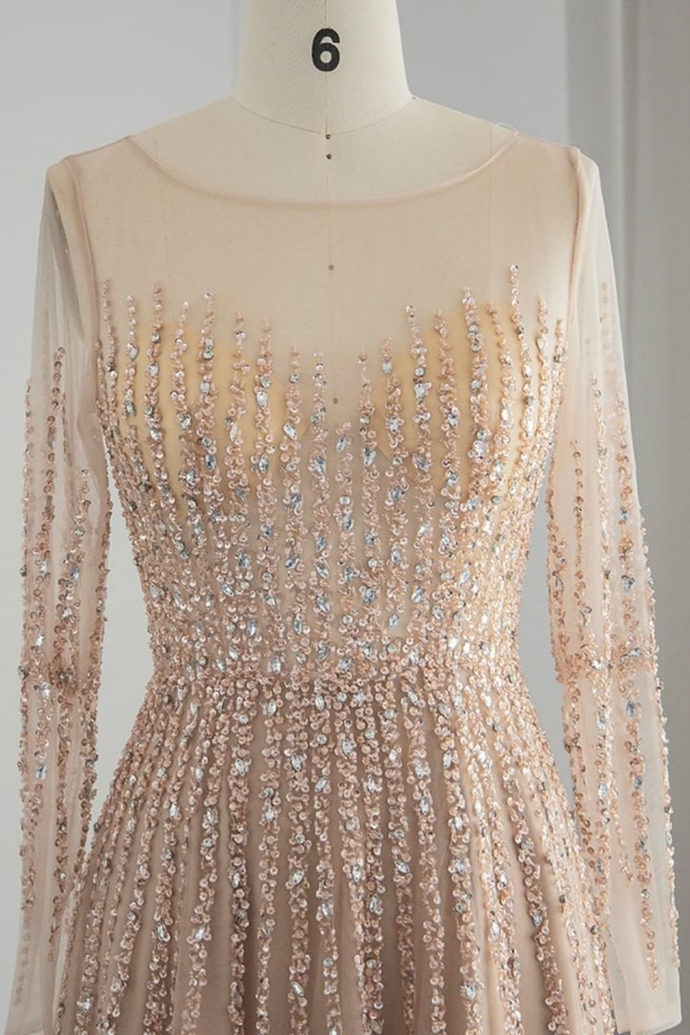 Bmbridal Champagne A-Line Long Sleeves Scoop Prom Dresses with Ruffles