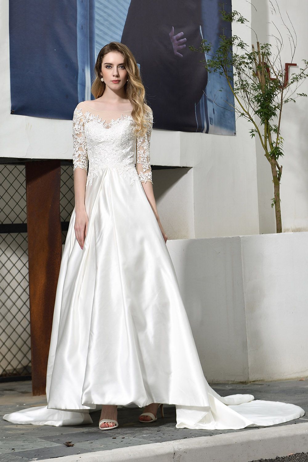 BMbridal Elegant A-Line Satin Lace 3/4 Sleeves Ankle Length Wedding Dress-BMbridal