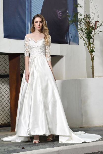 BMbridal Elegant A-Line Satin Lace 3/4 Sleeves Ankle Length Wedding Dress