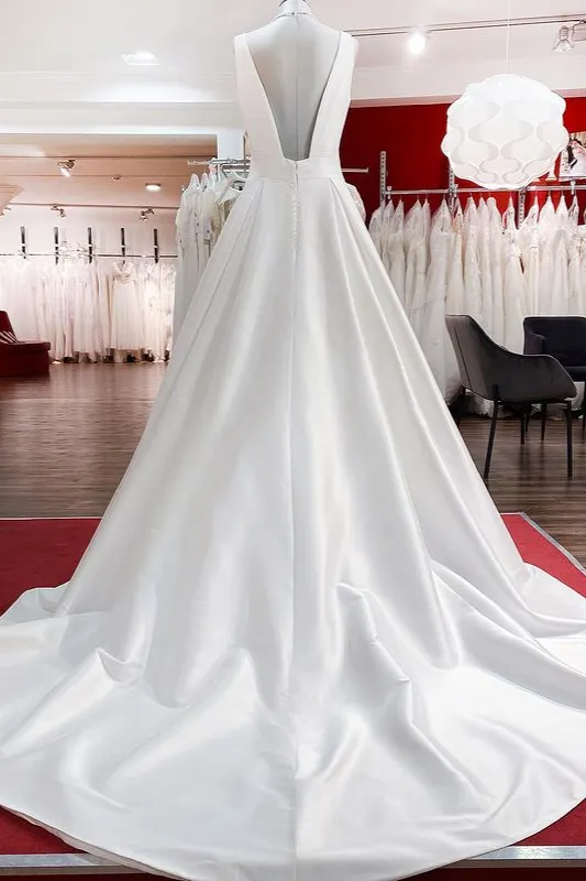 Modest A-Line Long V-Neck Satin Open Back Wedding Dress with Ruffles