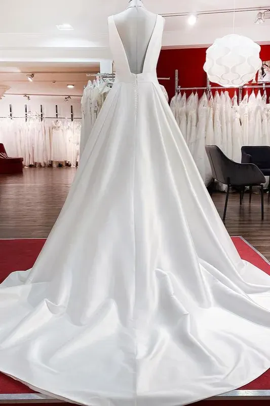 Modest A-Line Long V-Neck Satin Open Back Wedding Dress with Ruffles
