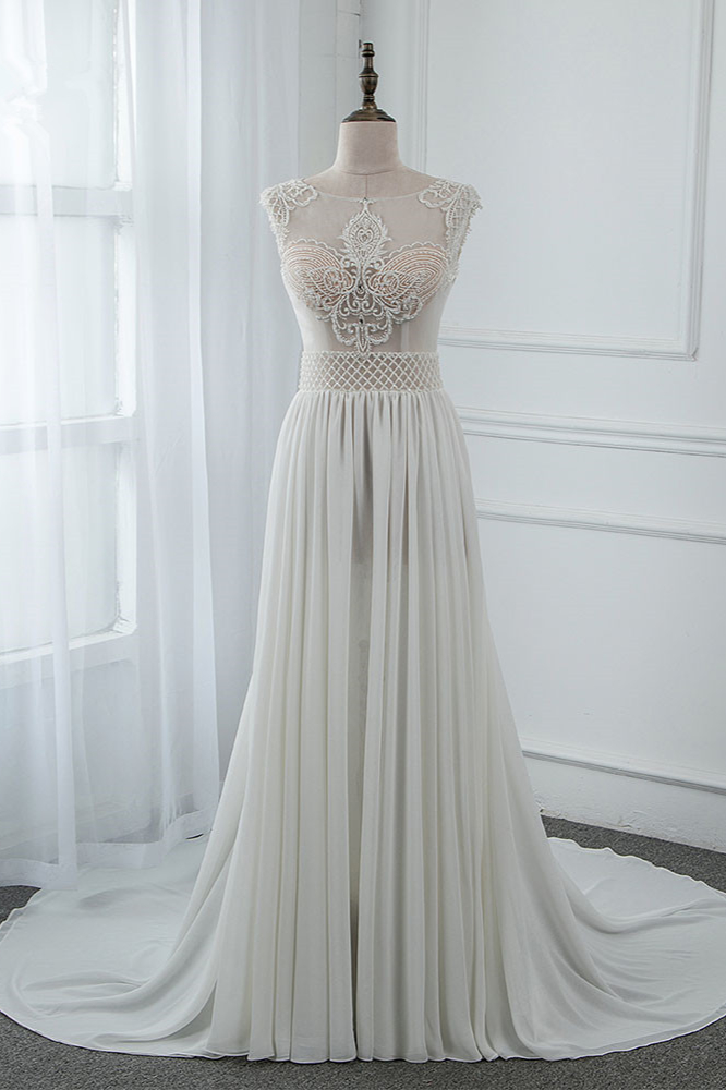 BMbridal Sexy Jewel Sleeveless Chiffon Wedding Dresses See Through Top Bridal Gowns On Sale
