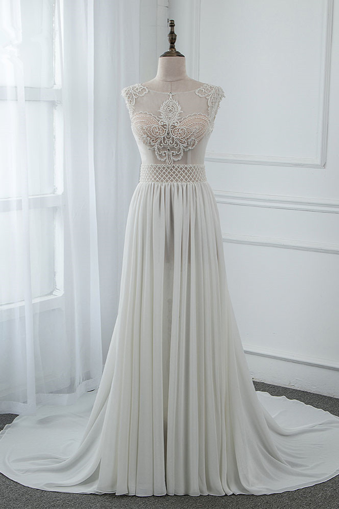 BMbridal Sexy Jewel Sleeveless Chiffon Wedding Dresses See Through Top Bridal Gowns On Sale