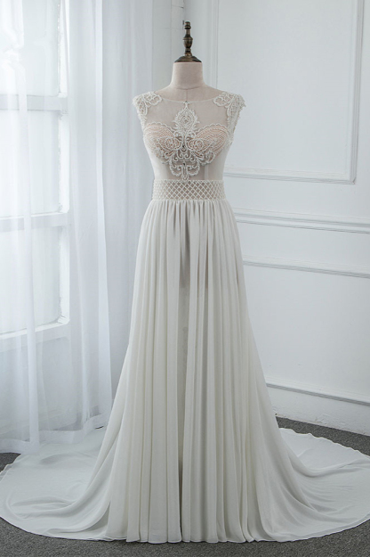 BMbridal Sexy Jewel Sleeveless Chiffon Wedding Dresses See Through Top Bridal Gowns On Sale