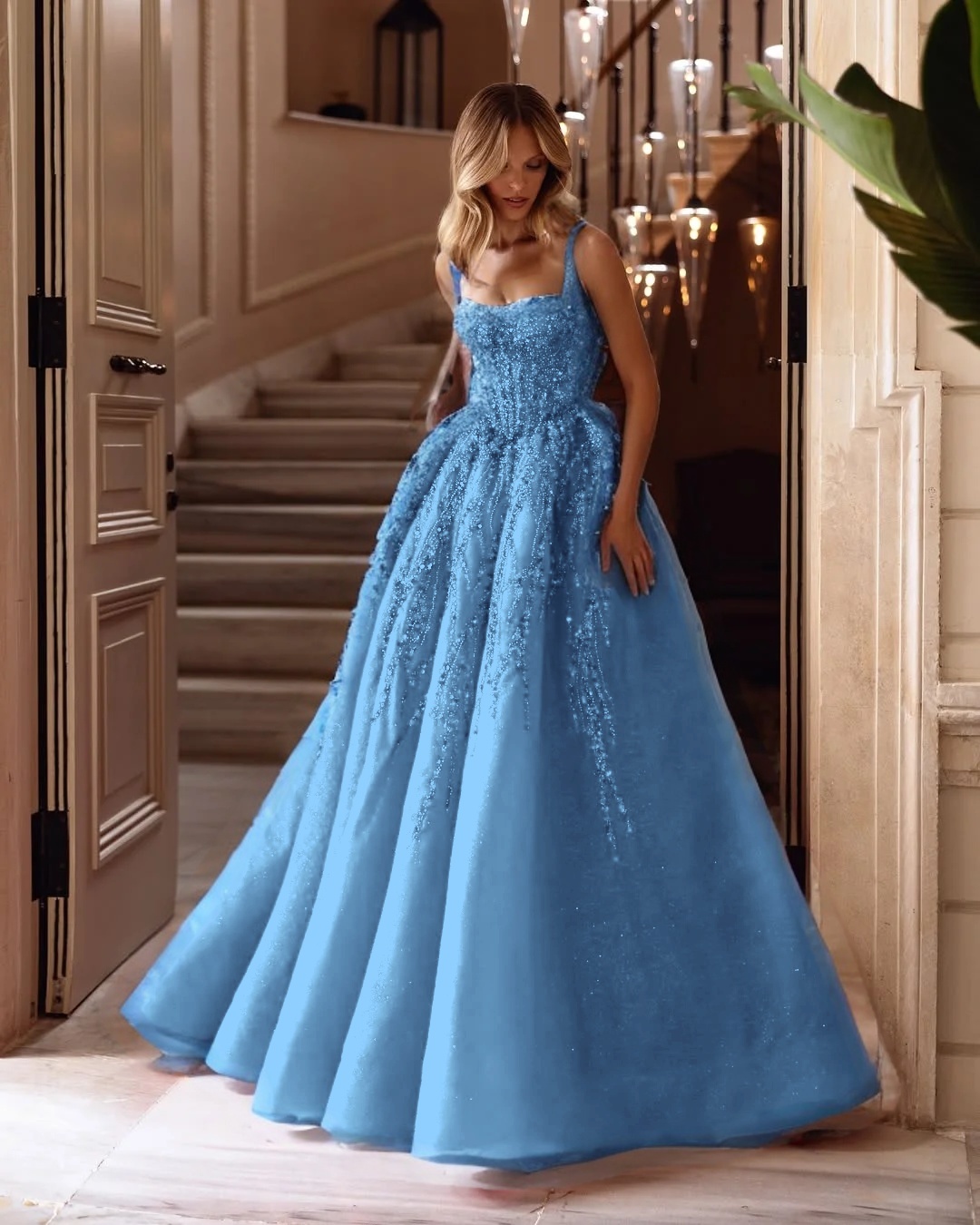 Spaghetti Strap Sleeveless Long A Line Prom Dress With Beading