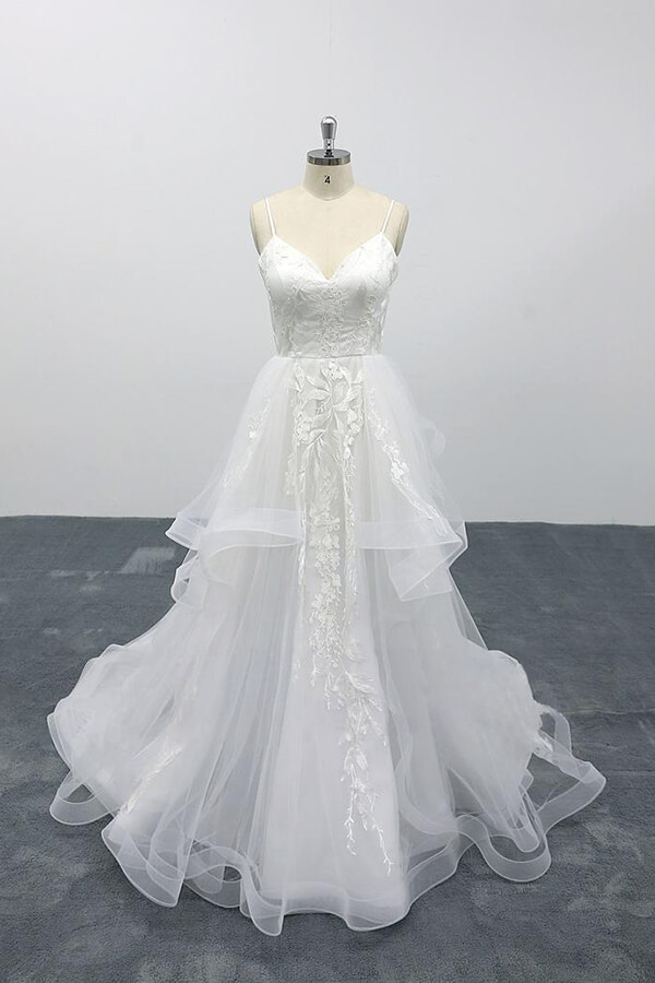 BMbridal Best Appliques Spaghetti Strap Tulle Wedding Dress On Sale-BMbridal