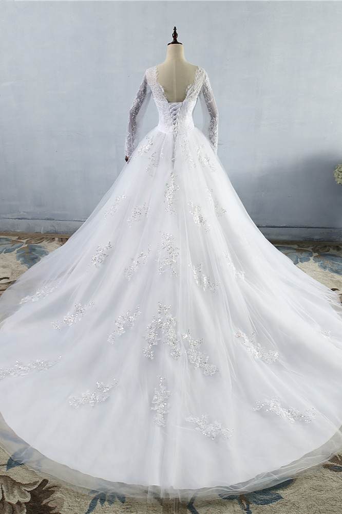 BMbridal Elegant Jewel Tulle Lace Wedding Dress Long Sleeves Appliques Sequins Bridal Gowns On Sale