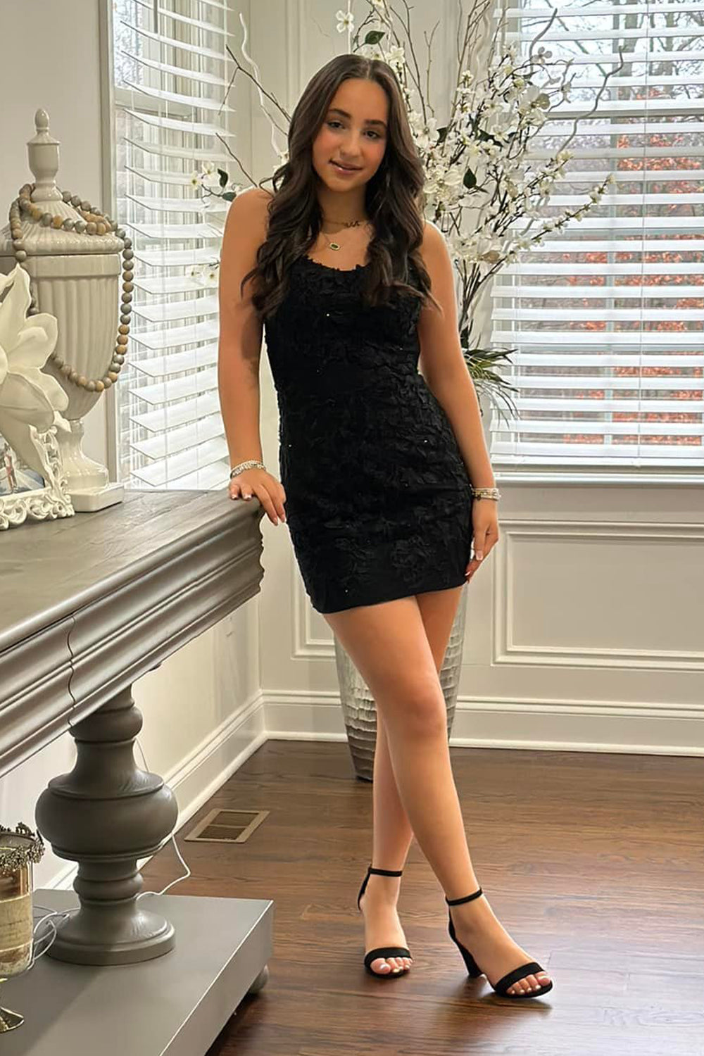 Sparkly Black Spaghetti Straps Backless Tight Short Lace Homecoming Dress-BMbridal