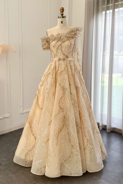 Bmbridal A-Line Champagne Strapless Tulle One Shoulder Prom Dresses with Ruffles