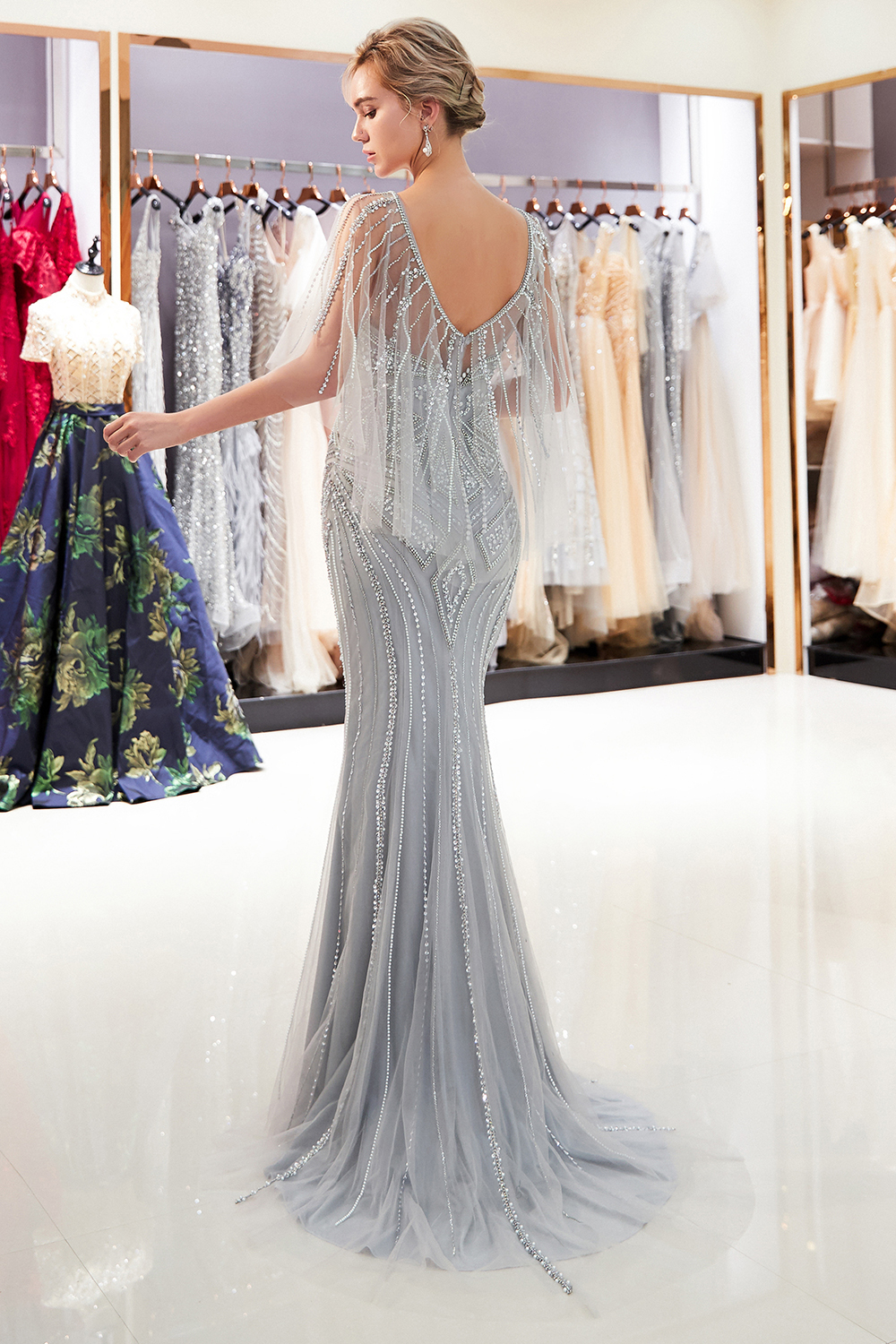 BMbridal Affordable Mermaid Sweetheart Prom Dresses Illusion Neckline Sequins Beading Evening Dresses-BMbridal