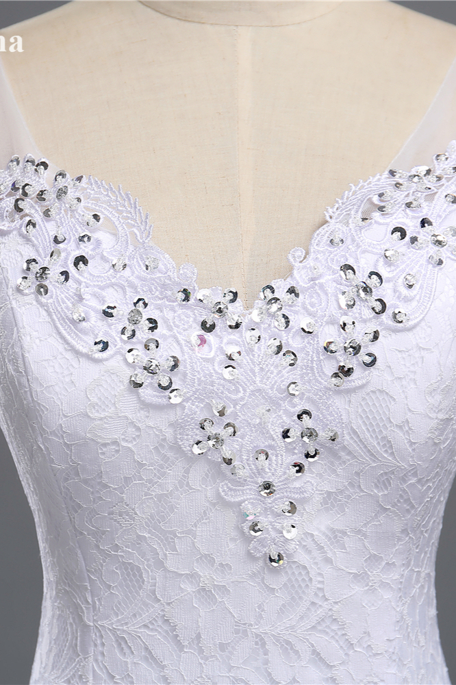 BMbridal Stylish V-Neck White Lace Mermaid Wedding Dress Appliques Sleeveless Sequins Bridal Gowns