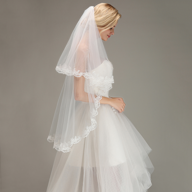 BMbridal Two Layers Lace Edge Wedding Veil with Comb Soft Tulle Bridal Veil-BMbridal