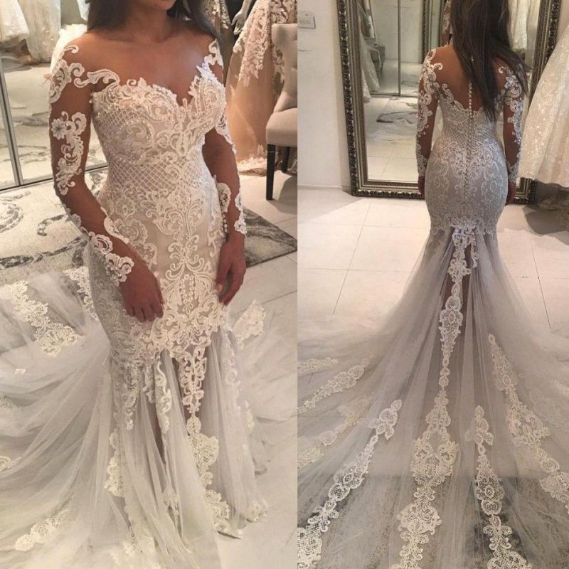 Long Sleeves Beads Off-the-Shoulder Mermaid Wedding Dress with Lace Appliques