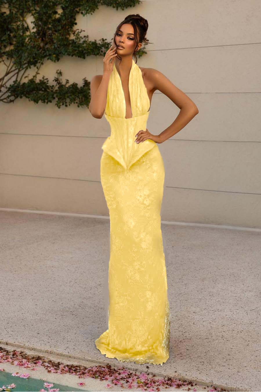 Halter V Neck Sleeveless Long Mermaid Prom Dress With Appliques