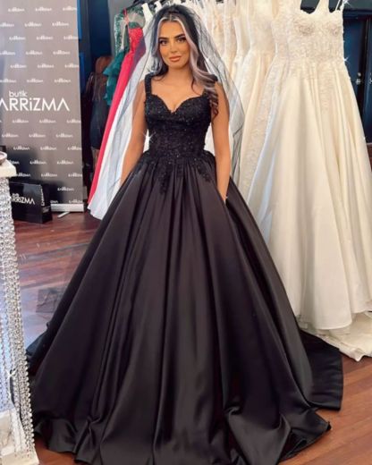 Floor-Length Black Sweetheart Wide Straps Ball Gown Wedding Dress with Ruffles Satin