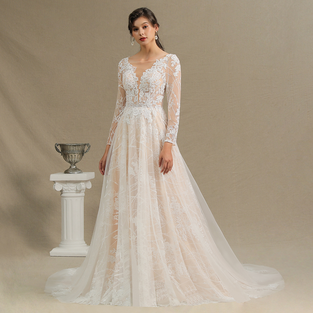 BMbridal Chic A-line Tulle Lace Wedding Dress Long Sleeves Ivory Bridal Gowns On Sale-BMbridal