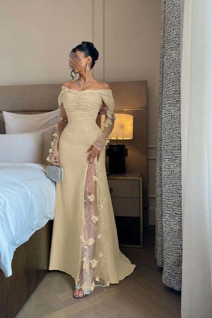 Off the Shoulder Long Sleeves Long Prom Dress With Split Appliques