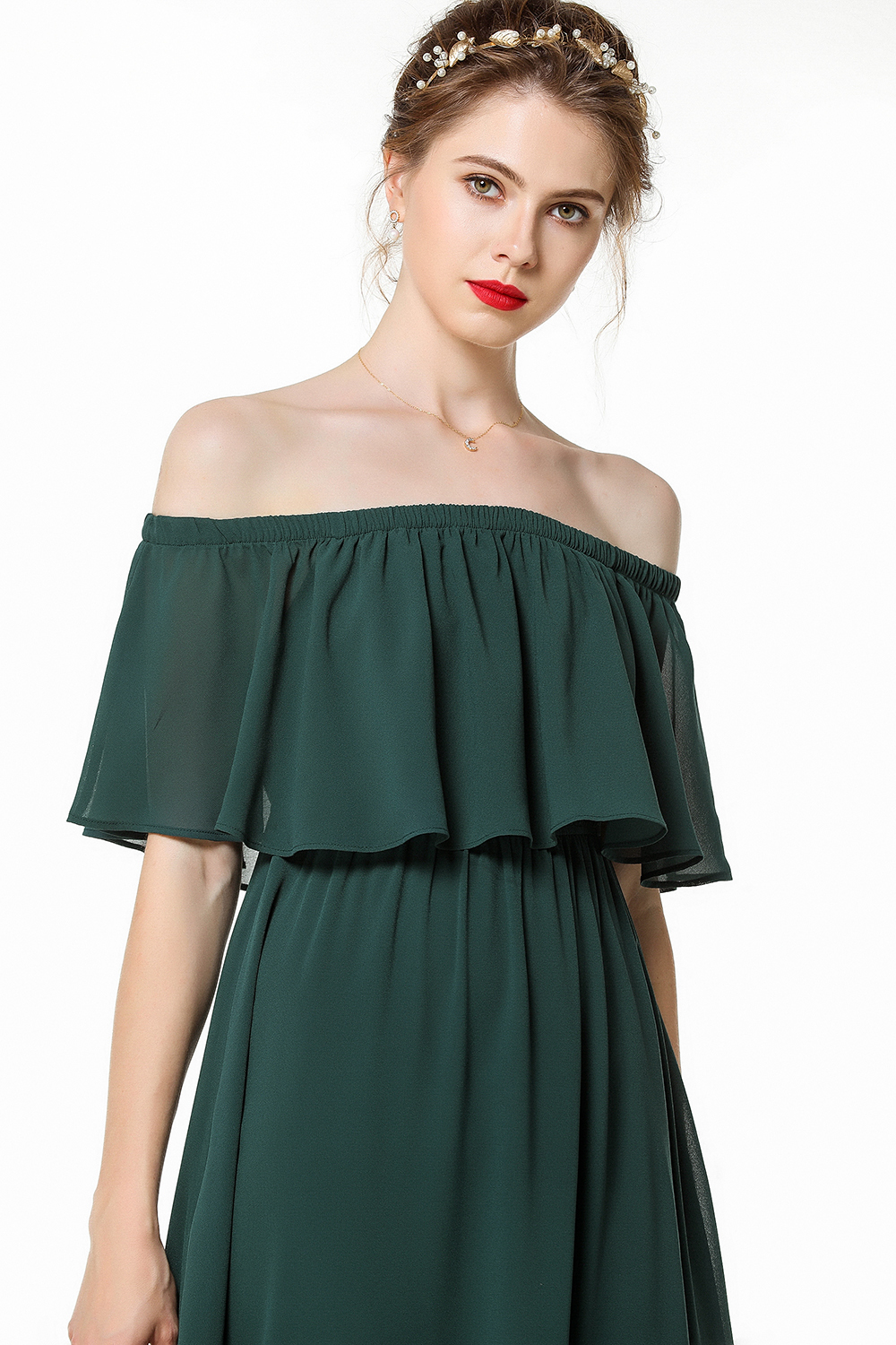 BMbridal Gorgeous Chiffon Flounced Crinkle Cold-shoulder Long Bridesmaid Dresses Affordable-BMbridal