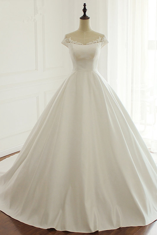 BMbridal Simple A-Line Satin Jewel Ruffle Wedding Dress Tulle Lace Appliques Sleeveless Bridal Gowns On Sale-BMbridal