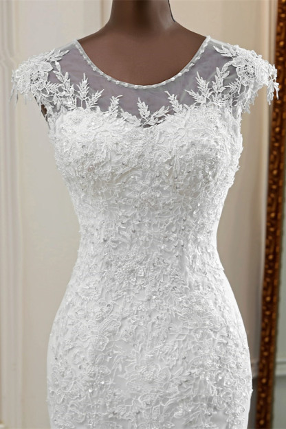 BMbridal Elegant Jewel Sleeveless White Lace Mermaid Wedding Dresses with Rhinestone Appliques
